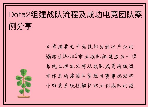 Dota2组建战队流程及成功电竞团队案例分享